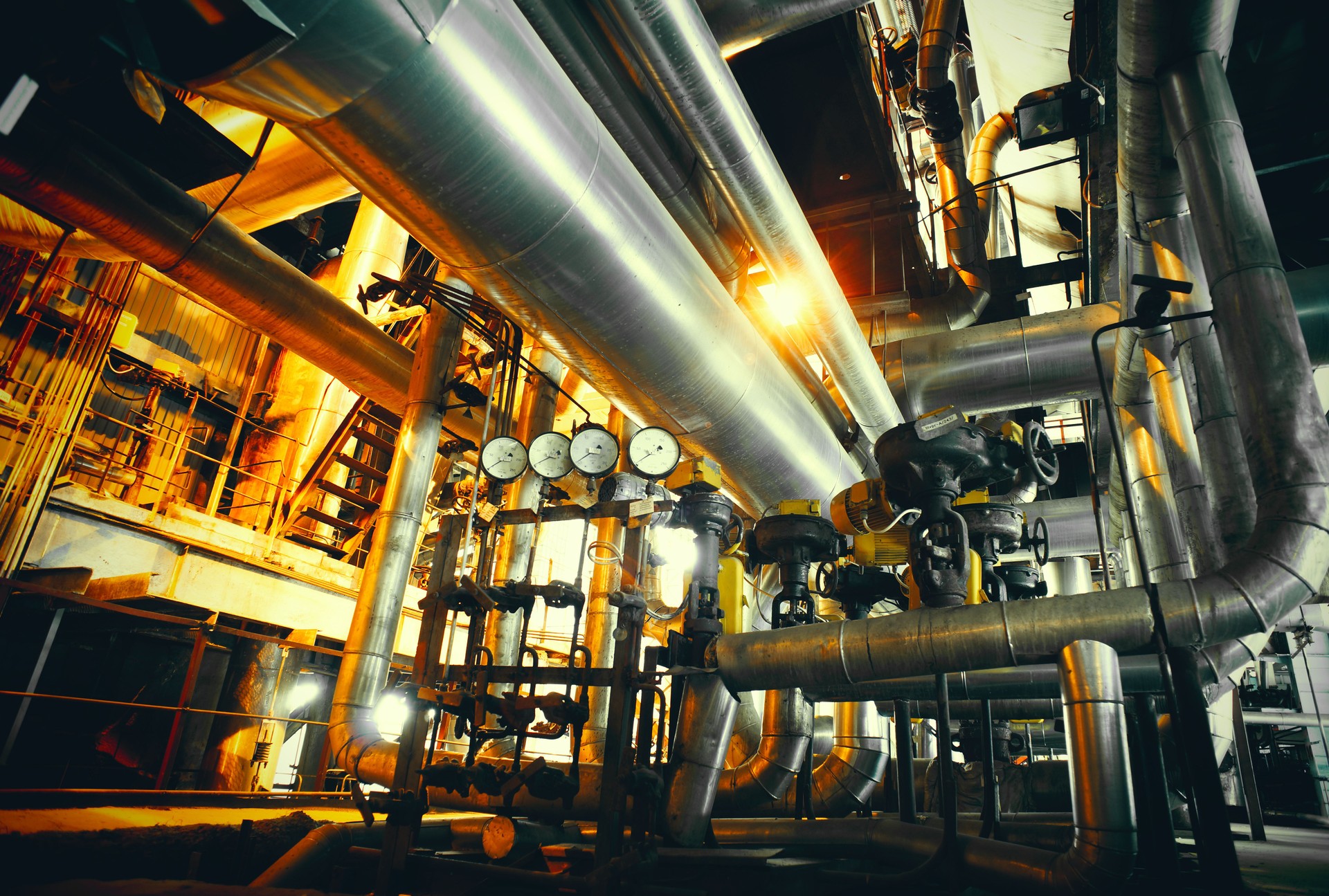 Industrial zone, Steel pipelines in blue tones